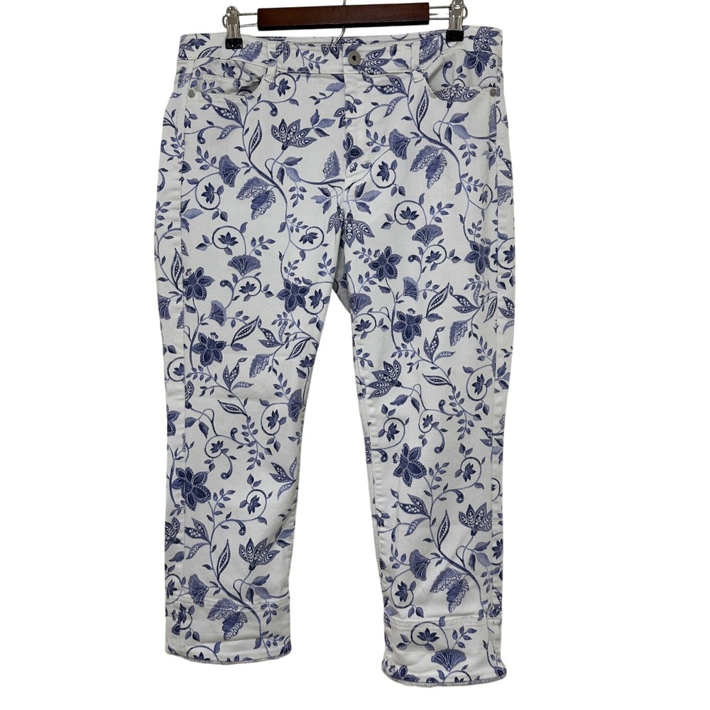 J. Jill Authentic Fit Cropped Jeans Women 12 White Blue Floral Toile Raw Hem - Picture 2 of 9